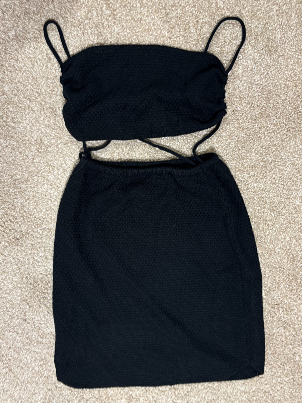 Black Two-Piece Knit Smocked Tube Top and Mini Skirt Set